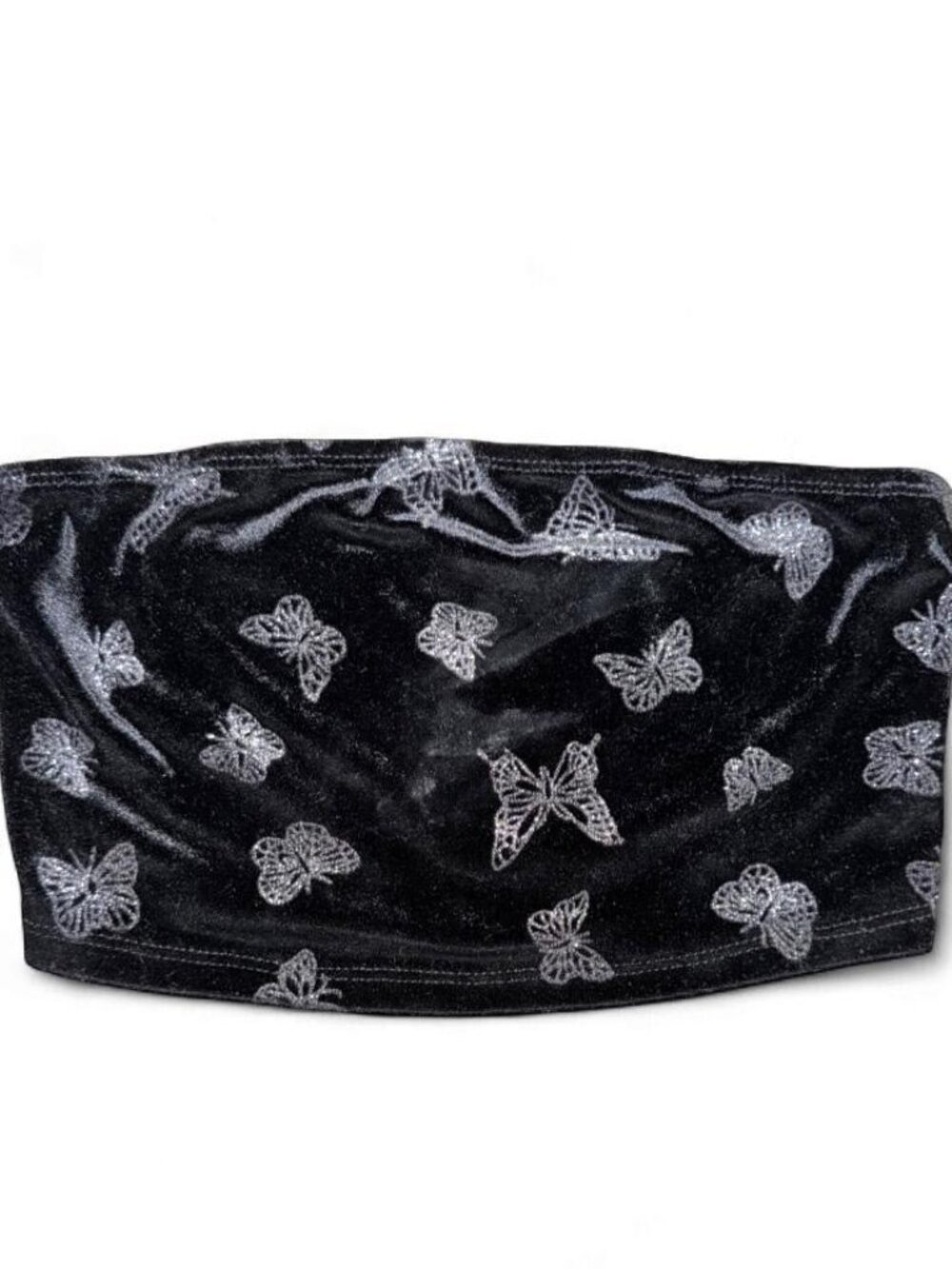 Black Metallic Velvet Butterfly Tube Top Crop Strapless